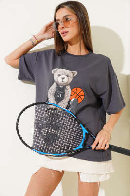 Ayıcıklı Basket Top Baskılı T-shirt Füme 