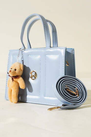 Ayıcıklı Dikişli Kare Çanta Bebe Mavi - Kol Çantası