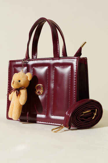 Ayıcıklı Dikişli Kare Çanta Bordo - Kol Çantası