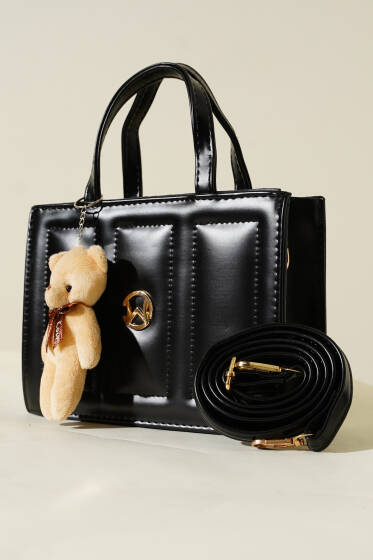 Ayıcıklı Dikişli Kare Çanta Siyah - Kol Çantası