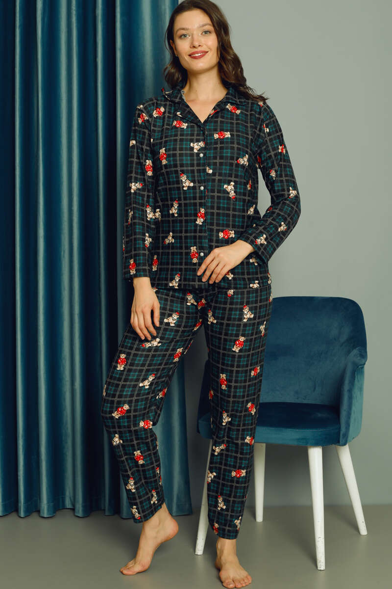 Ayıcıklı Ekose Desenli Kadın Pijama Takım Zümrüt