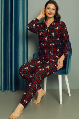 Ayıcıklı Ekose Desenli Kadın Pijama Takımı Lacivert Kırmızı - Thumbnail