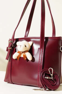 Ayıcıklı Fermuarlı Çanta Bordo - Kol Çantası
