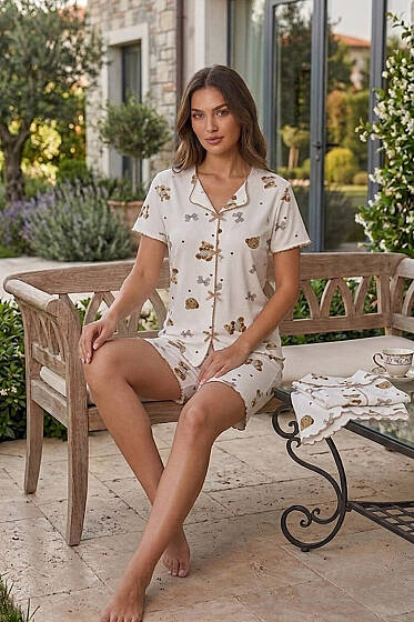 Ayıcıklı Fiyonklu Şortlu Pijama Takımı Beyaz - Pijama
