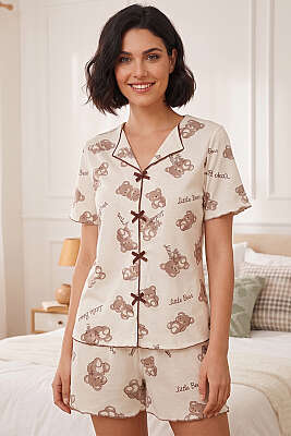Ayıcıklı Fiyonklu Şortlu Pijama Takımı Kahve - MANOLYA
