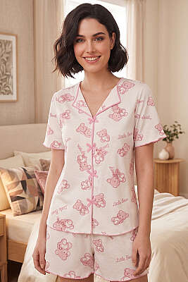 Ayıcıklı Fiyonklu Şortlu Pijama Takımı Pembe - MANOLYA