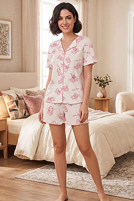 Ayıcıklı Fiyonklu Şortlu Pijama Takımı Pembe - Pijama