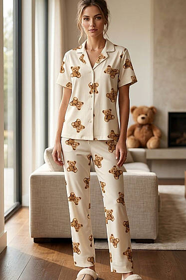 Ayıcıklı İnci Düğmeli Kısa Kollu Pijama Takımı Bej - Pijama