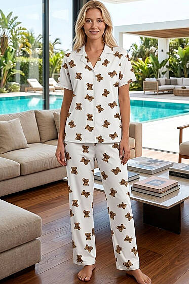 Ayıcıklı İnci Düğmeli Kısa Kollu Pijama Takımı Beyaz - Pijama