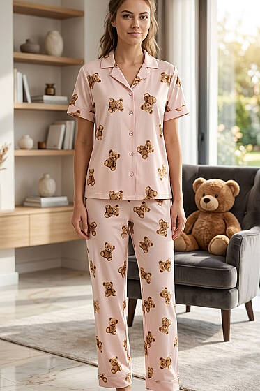 Ayıcıklı İnci Düğmeli Kısa Kollu Pijama Takımı Yavru Ağzı - Pijama