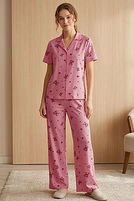 Ayıcıklı Kalpli Kısa Kol Pijama Takımı Gül Kurusu - IŞILAY