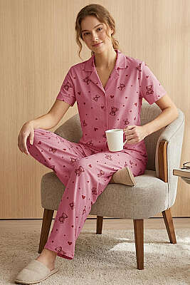 Ayıcıklı Kalpli Kısa Kol Pijama Takımı Gül Kurusu - Pijama