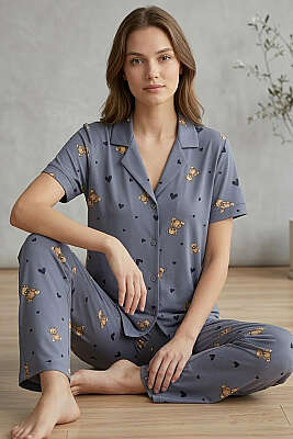 Ayıcıklı Kalpli Kısa Kol Pijama Takımı Kayrak Grisi - IŞILAY