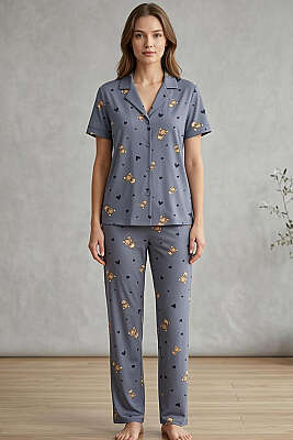 Ayıcıklı Kalpli Kısa Kol Pijama Takımı Kayrak Grisi - Pijama