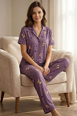 Ayıcıklı Kalpli Kısa Kol Pijama Takımı Lila - IŞILAY
