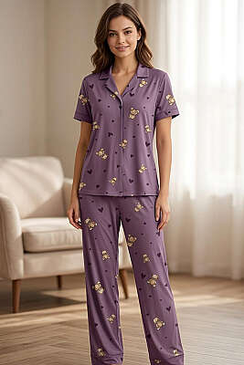 Ayıcıklı Kalpli Kısa Kol Pijama Takımı Lila - Pijama