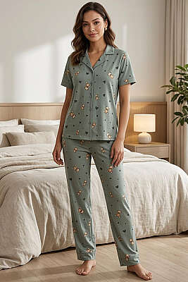 Ayıcıklı Kalpli Kısa Kol Pijama Takımı Mint - IŞILAY