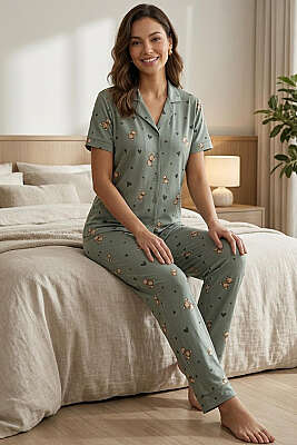 Ayıcıklı Kalpli Kısa Kol Pijama Takımı Mint - Pijama