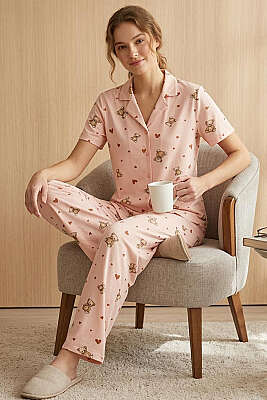 Ayıcıklı Kalpli Kısa Kol Pijama Takımı Yavru Ağzı - IŞILAY