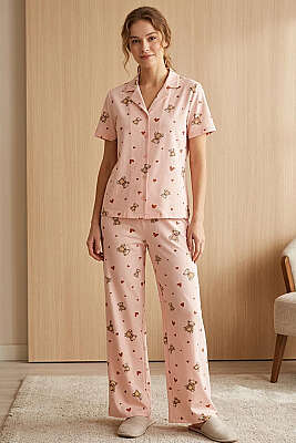 Ayıcıklı Kalpli Kısa Kol Pijama Takımı Yavru Ağzı - Pijama