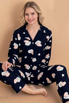 Ayıcıklı Kalpli Süet Pijama Takımı Lacivert - Pijama