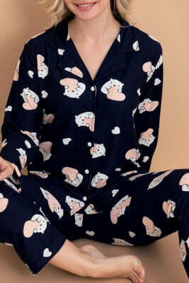 Ayıcıklı Kalpli Süet Pijama Takımı Lacivert - Pijama
