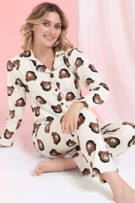 Ayıcıklı Süet Düğmeli Pijama Takımı Bej - Pijama