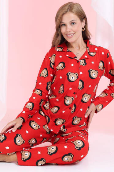 Ayıcıklı Süet Düğmeli Pijama Takımı Kırmızı - Pijama