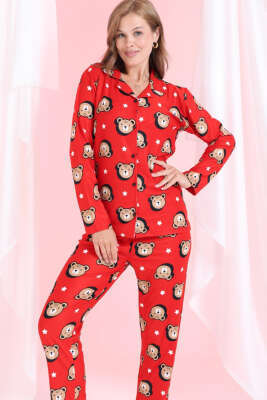 Ayıcıklı Süet Düğmeli Pijama Takımı Kırmızı - Pijama