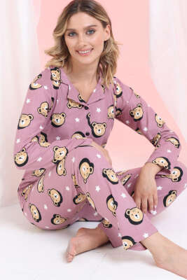 Ayıcıklı Süet Düğmeli Pijama Takımı Lila - Pijama