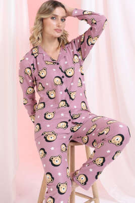 Ayıcıklı Süet Düğmeli Pijama Takımı Lila - Pijama