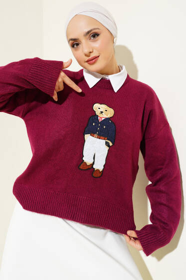 Ayıcıklı Triko Kazak Mürdüm - Triko Kazak