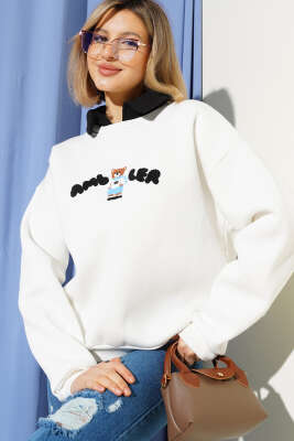 Ayıcıklı Üç İplik Gömlek Yaka Sweatshirt Ekru - ADYES