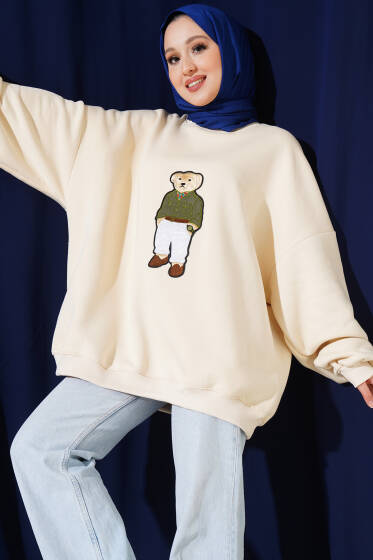 Ayıcıklı Üç İplik Oversize Sweatshirt Bej - Tunik