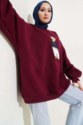 Ayıcıklı Üç İplik Oversize Sweatshirt Bordo 