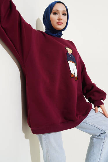 Ayıcıklı Üç İplik Oversize Sweatshirt Bordo - Tunik
