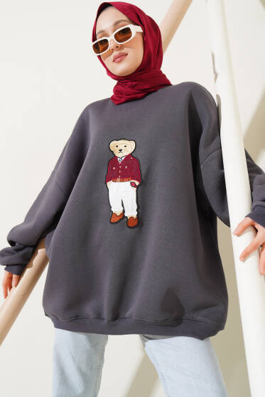 Ayıcıklı Üç İplik Oversize Sweatshirt Füme - Tunik