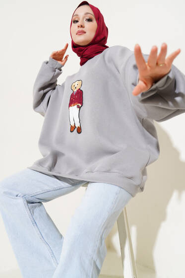 Ayıcıklı Üç İplik Oversize Sweatshirt Gri - Tunik