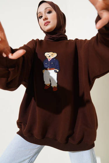 Ayıcıklı Üç İplik Oversize Sweatshirt Kahve - Tunik