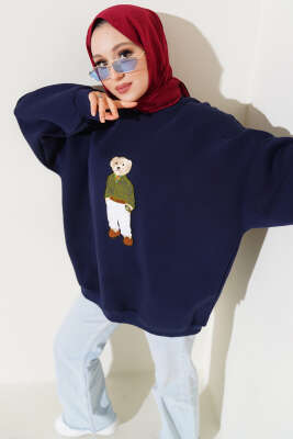 Ayıcıklı Üç İplik Oversize Sweatshirt Lacivert 