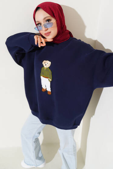 Ayıcıklı Üç İplik Oversize Sweatshirt Lacivert - Tunik