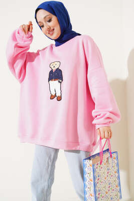 Ayıcıklı Üç İplik Oversize Sweatshirt Pembe 