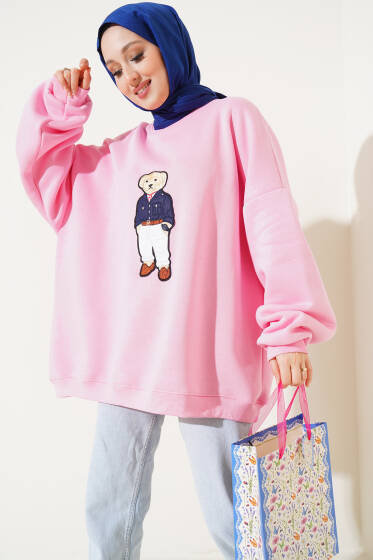 Ayıcıklı Üç İplik Oversize Sweatshirt Pembe - Tunik