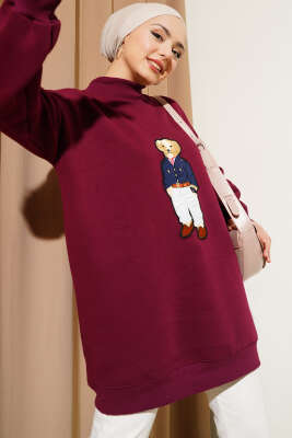 Ayıcıklı Üç İplik Sweatshirt Bordo 