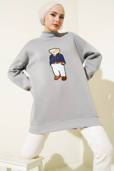 Ayıcıklı Üç İplik Sweatshirt Gri - Tunik