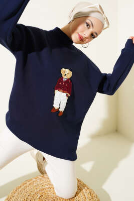 Ayıcıklı Üç İplik Sweatshirt Lacivert - Yılın Fırsatı