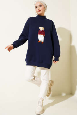 Ayıcıklı Üç İplik Sweatshirt Lacivert - Yılın Fırsatı