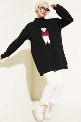 Ayıcıklı Üç İplik Sweatshirt Siyah - Yılın Fırsatı