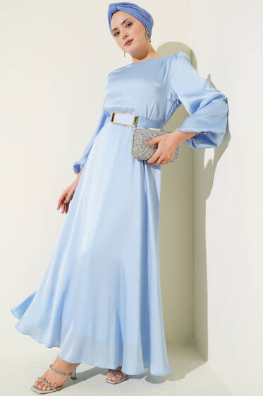 Ayna Kemerli Balon Kol Abiye Elbise Bebe Mavi - Elbise
