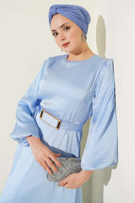 Ayna Kemerli Balon Kol Abiye Elbise Bebe Mavi - Elbise